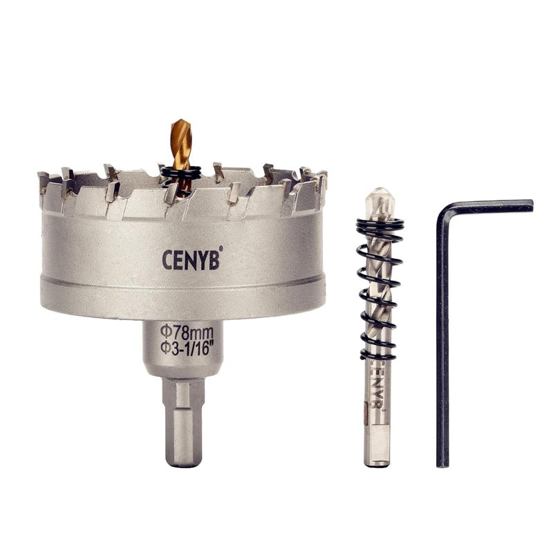 cenyb 3-1/16" (78mm) Tungsten Carbide Tipped Hole Saw with 2Pcs Titanium-Plated Pilot Drill Bits for Hard Metal,Stainless Steel,Iron,Aluminum Alloy,Wood and Plastic - Image 1